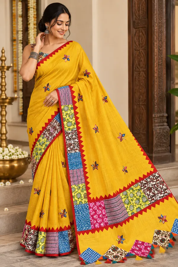 Yellow_Pure_Cotton_Zari_Check_Applique_Saree_For_Women