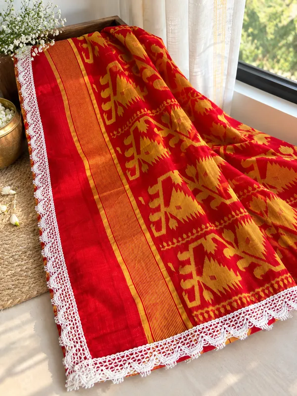 Red_And_Yellow_Soft_Cotton_Floral_Lace_Saree_For_Women