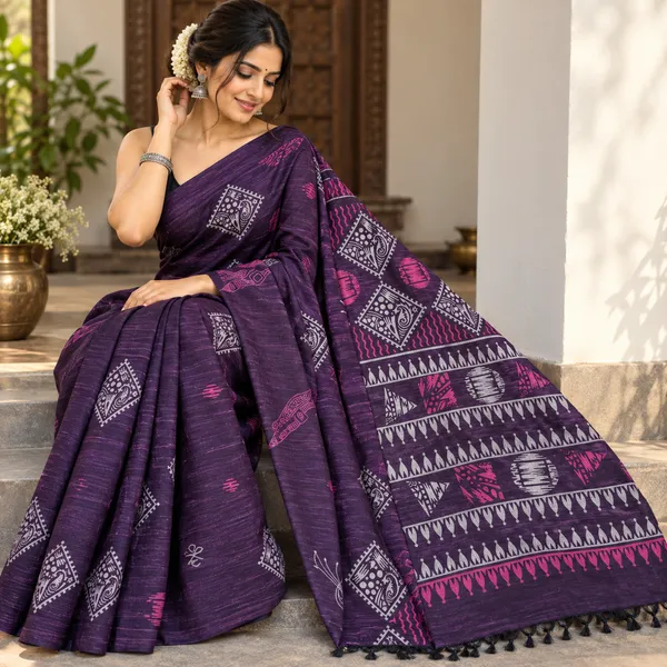 Lavender_Khadi_Cotton_Hand_Painted_Saree_For_Women