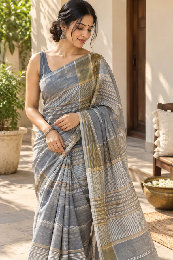 Sea_Blue_Khadi_Cotton_Zari_Strips_Saree_For_Women