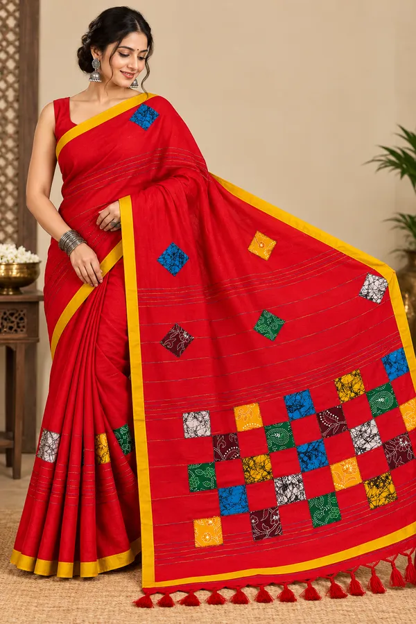 Red_Khadi_Cotton_Patchwork_Saree_For_Women