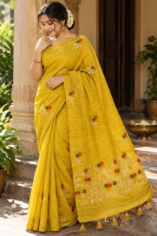 Mustard_Yellow_South_Cotton_Embroidery_Work_Saree_For_Women