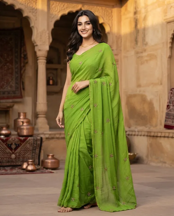 Parrot_Green_Pure_Chiffon_Sequin_Work_Saree_For_Women