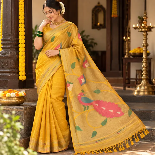 Yellow_Jamdani_Cotton_Paithani_Pallu_Saree_For_Women