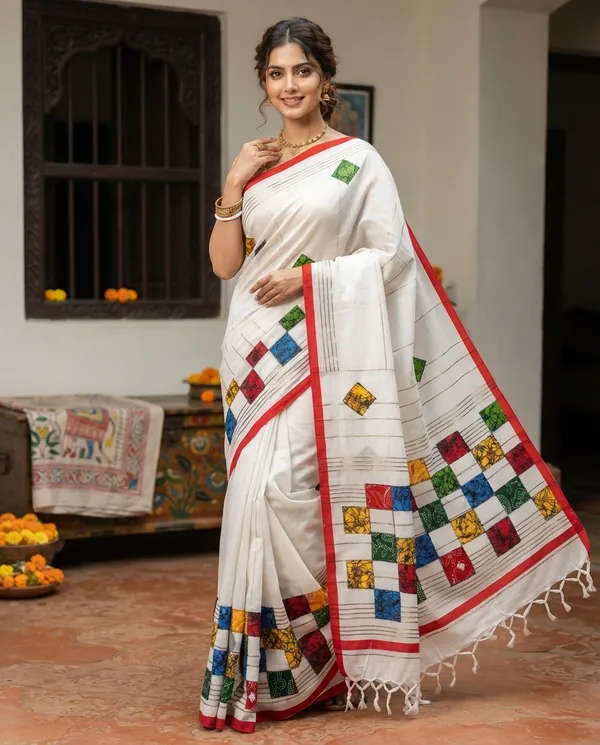 White_Khadi_Cotton_Patch_Work_Saree_For_Women