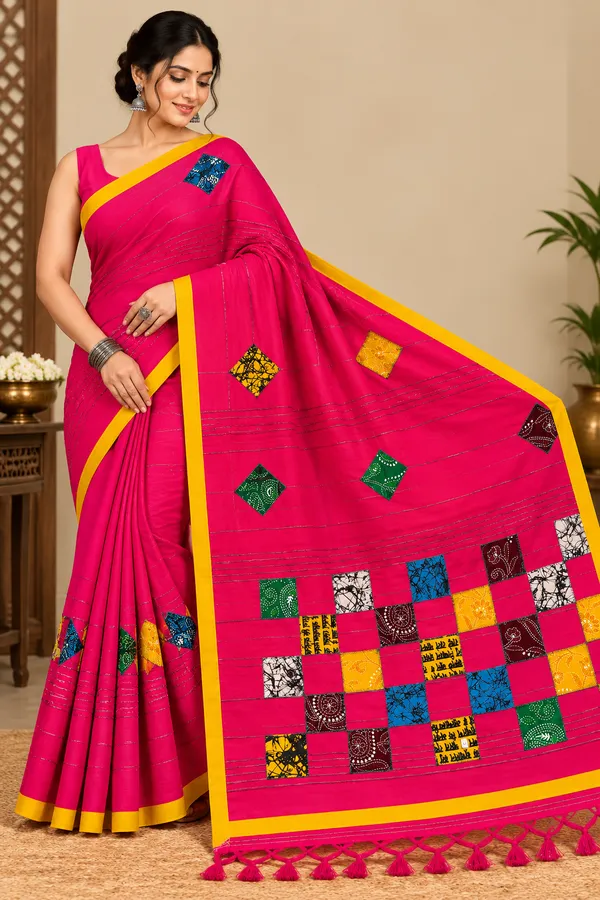 Pink_Khadi_Cotton_Patch_Work_Saree_For_Women