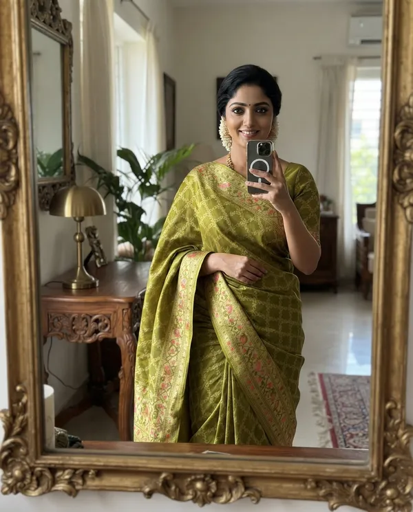 Olive_Green_Pure_Gadchola_Floral_Zari_Work_Saree_For_Women