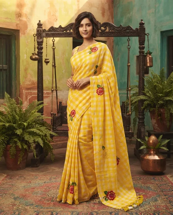 Yellow_Pure_Mul_Cotton_Check_Embroidery_Saree_For_Women