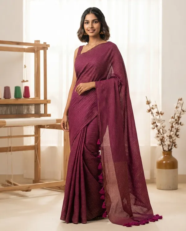 Wine_Khadi_Cotton_Handloom_Zari_Stripe_Saree_For_Women