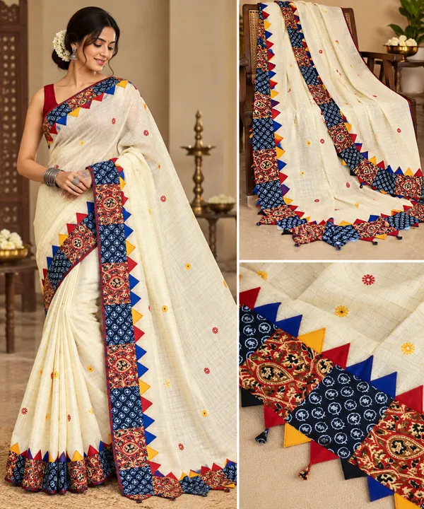 White_Pure_Cotton_Zari_Check_Ajrakh_Patchwork_Saree_For_Women