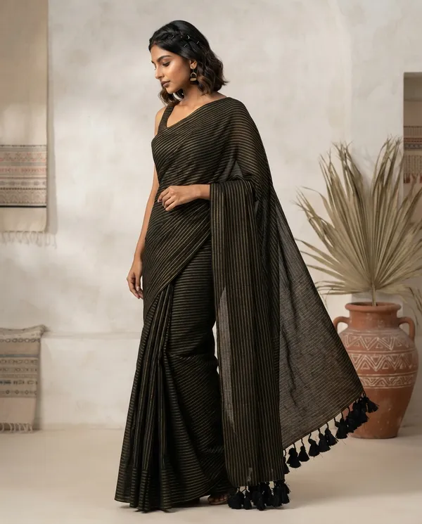 Black_Khadi_Cotton_Handloom_Zari_Stripe_Saree_For_Women