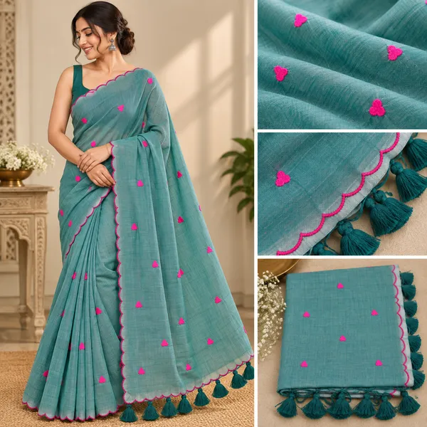Teal_Green_Mul_Cotton_Heart_Embroidery_Saree_For_Women