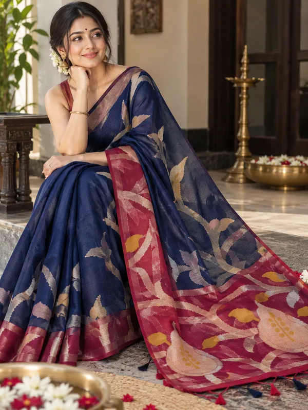 Royal_Blue_Maroon_Pure_Muslin_Silk_Saree_For_Women