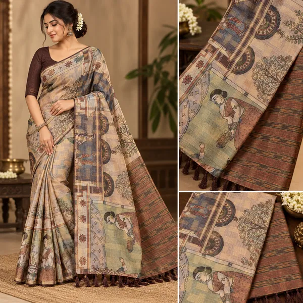 Brown_And_Golden_Chanderi_Tissue_Kalamkari_Print_Saree_For_Women