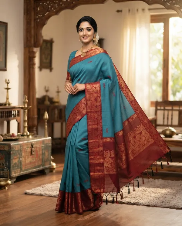 Teal_Blue_Cotton_Gadwal_Copper_Zari_Border_Saree_For_Women