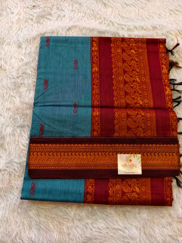 Teal_Blue_Cotton_Gadwal_Copper_Zari_Border_Saree_For_Women