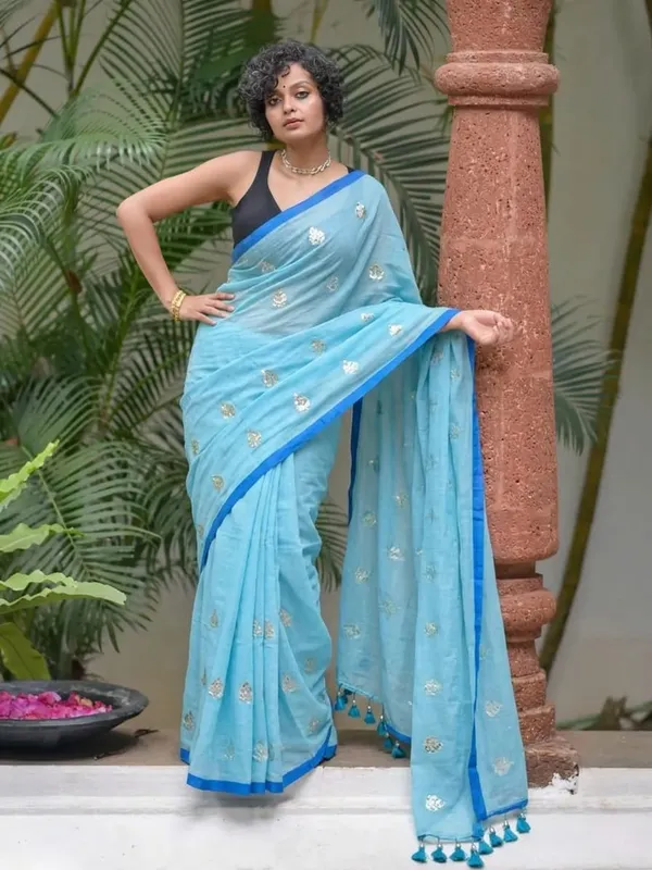 Sky_Blue_Pure_Mul_Cotton_Saree_For_Women