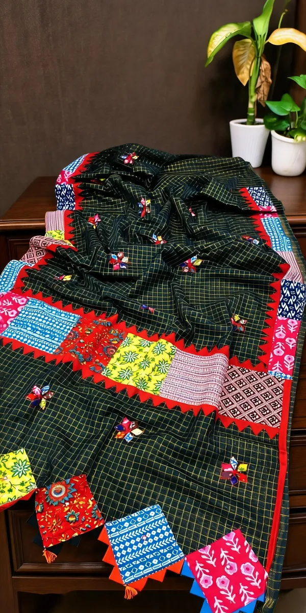 Black_Pure_Cotton_Zari_Check_Applique_Saree_For_Women