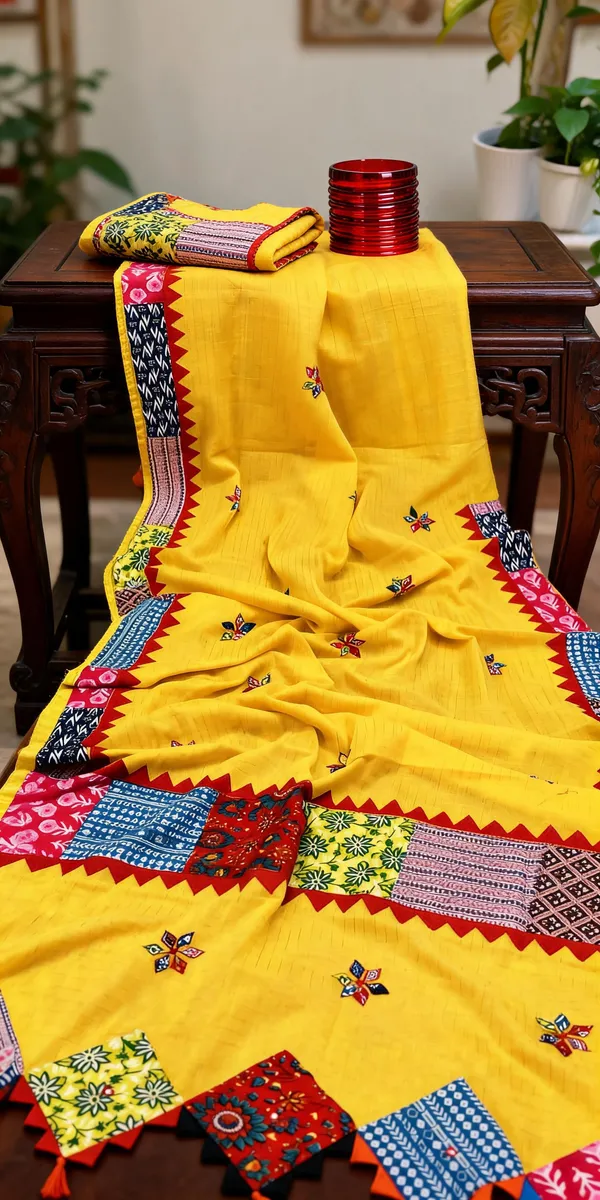 Yellow_Pure_Cotton_Zari_Check_Applique_Saree_For_Women