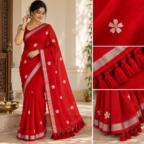 Red_Orange_Mul_Cotton_Shiuli_Floral_Embroidery_Saree_For_Women
