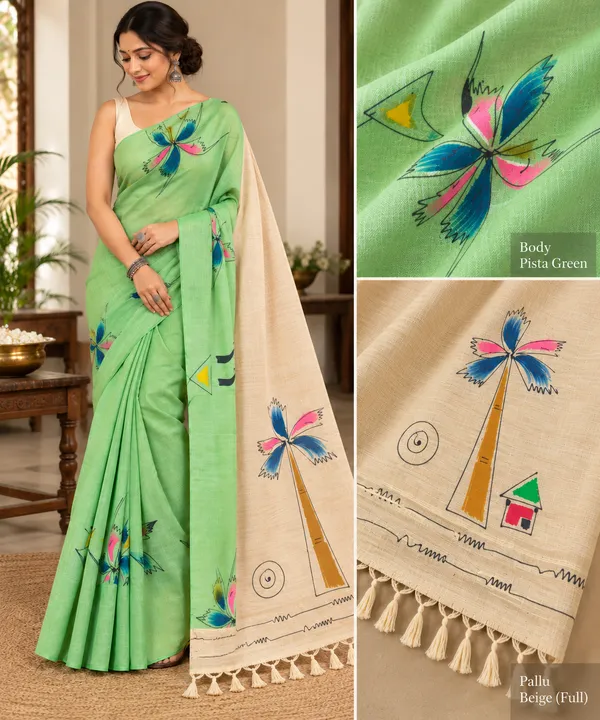 Pista_Green_Cream_Pure_Khadi_Cotton_Handloom_Hand_Painted_Saree_For_Women