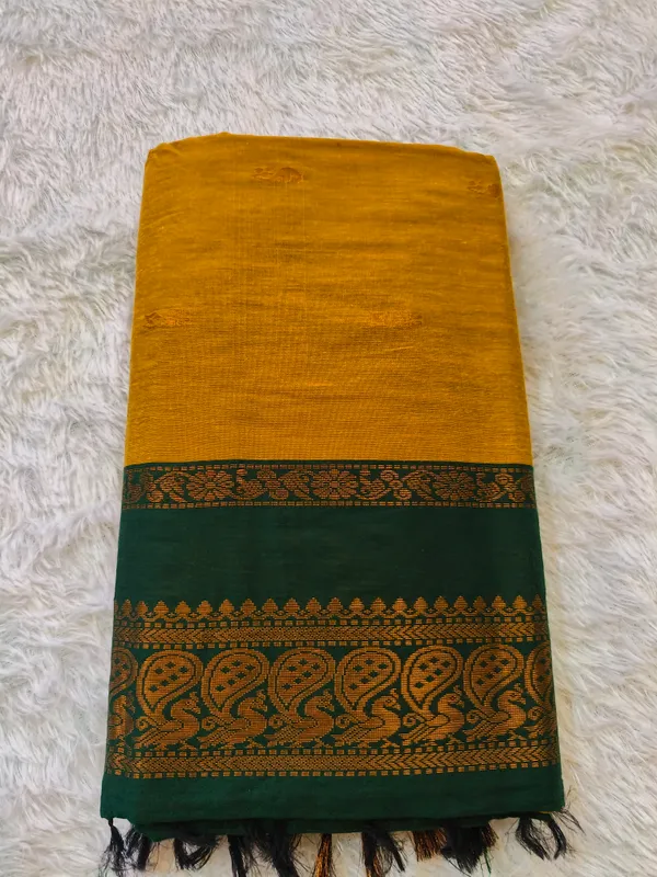 Mustard_Yellow_Gadwal_Cotton_Golden_Zari_Border_Saree_For_Women