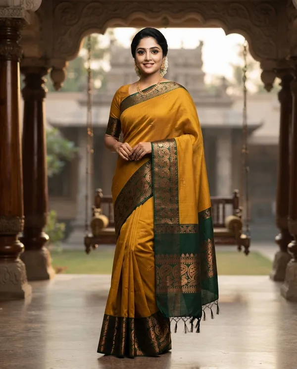Mustard_Yellow_Gadwal_Cotton_Golden_Zari_Border_Saree_For_Women