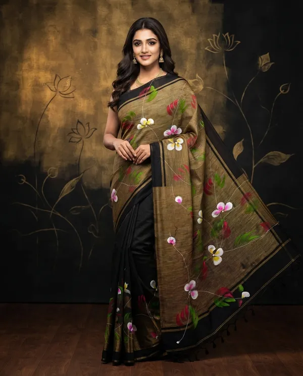 Black_Khadi_Cotton_Floral_Hand_Painted_Saree_For_Women