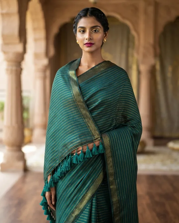 Teal_Green_Khadi_Cotton_Handloom_Zari_Stripe_Saree_For_Women
