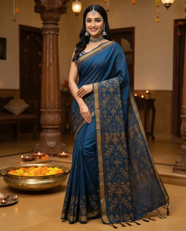 Navy_Blue_Handloom_Soft_Cotton_Golden_Nakshi_Border_Saree_For_Women