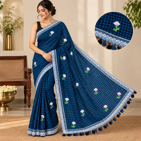 Blue_Pure_Mul_Cotton_Check_Floral_Lace_Saree_For_Women