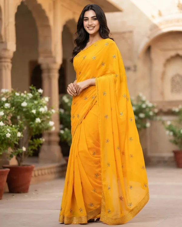 Yellow_Pure_Chiffon_Sequin_Work_Saree_For_Women