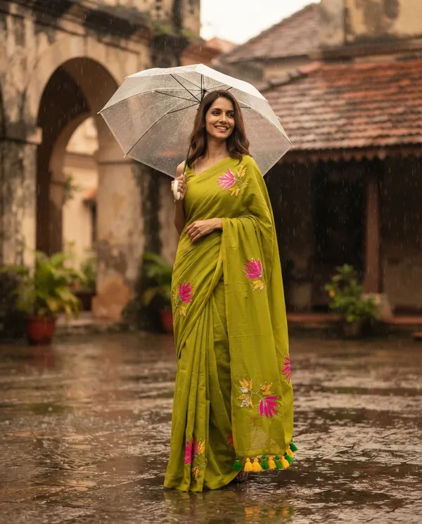 Olive_Green_Pure_Mul_Cotton_Lotus_Embroidery_Saree_For_Women