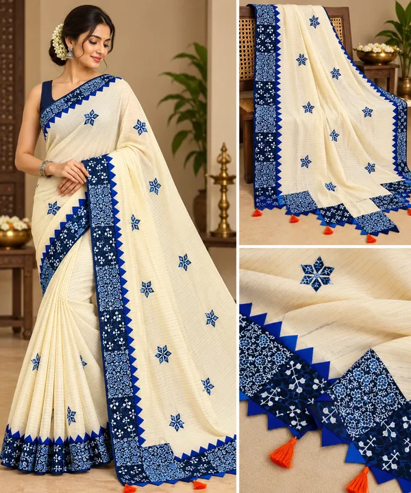 White_Pure_Cotton_Zari_Check_Ajrakh_Patchwork_Saree_For_Women