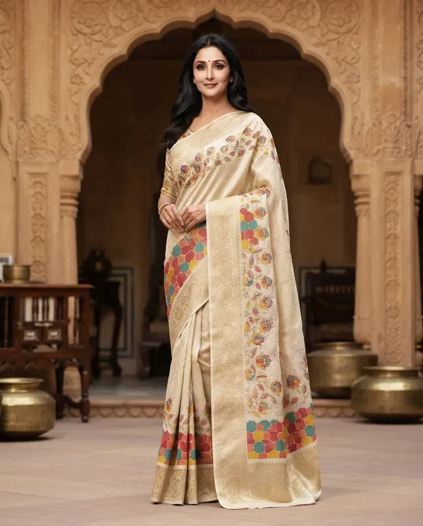 White_Soft_Cotton_Floral_Work_Border_Saree_For_Women
