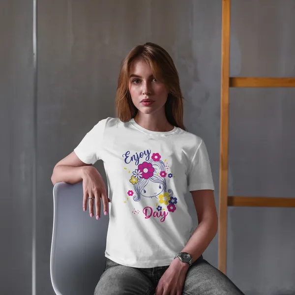 Women's_White_Enjoy_Day_Cute_Floral_Graphic_Printed_T-Shirt_Soft_Casual_Tee