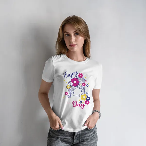 Women's_White_Enjoy_Day_Cute_Floral_Graphic_Printed_T-Shirt_Soft_Casual_Tee