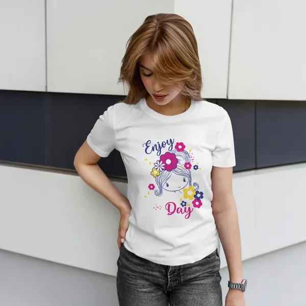 Women's_White_Enjoy_Day_Cute_Floral_Graphic_Printed_T-Shirt_Soft_Casual_Tee