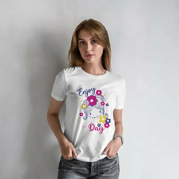 Women's_White_Enjoy_Day_Cute_Floral_Graphic_Printed_T-Shirt_Soft_Casual_Tee