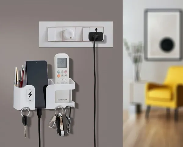 KRISAA_Wall_Mounted_Mobile_Holder_|_Self_Adhesive_Phone_Stand_with_Charging_Hole_Pack_2_Plastic_Key_Holder_(0_Hooks,_White)