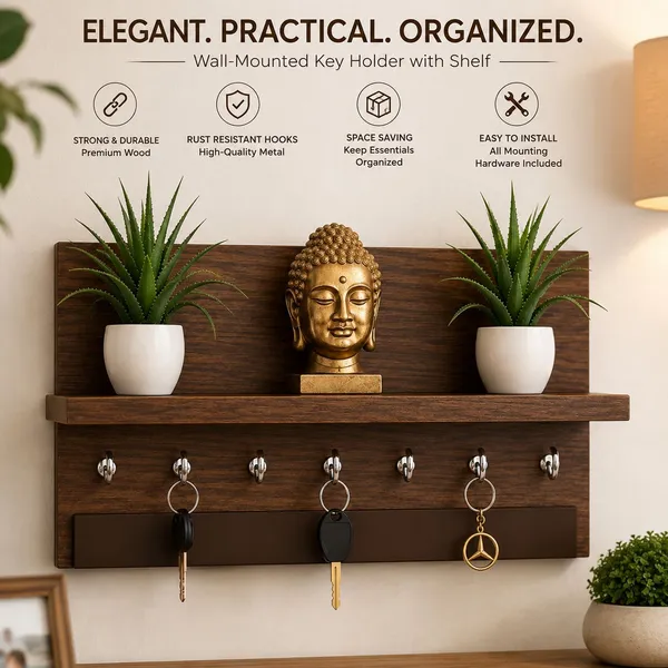 KRISAA_KRISAA_Engineered_Wooden_Wall_Mounted_Key_Holder_with_Shelf_Wood_Key_Holder_(7_Hooks,_Brown)