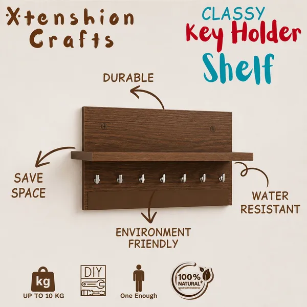 KRISAA_KRISAA_Engineered_Wooden_Wall_Mounted_Key_Holder_with_Shelf_Wood_Key_Holder_(7_Hooks,_Brown)
