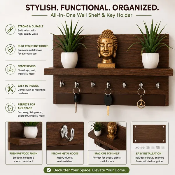 KRISAA_KRISAA_Engineered_Wooden_Wall_Mounted_Key_Holder_with_Shelf_Wood_Key_Holder_(7_Hooks,_Brown)