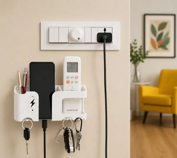 KRISAA_Wall_Mounted_Mobile_Holder_I_Multi-Purpose_Mobile_Stand_|_Remote_Holder_Plastic_Key_Holder_(3_Hooks,_White)