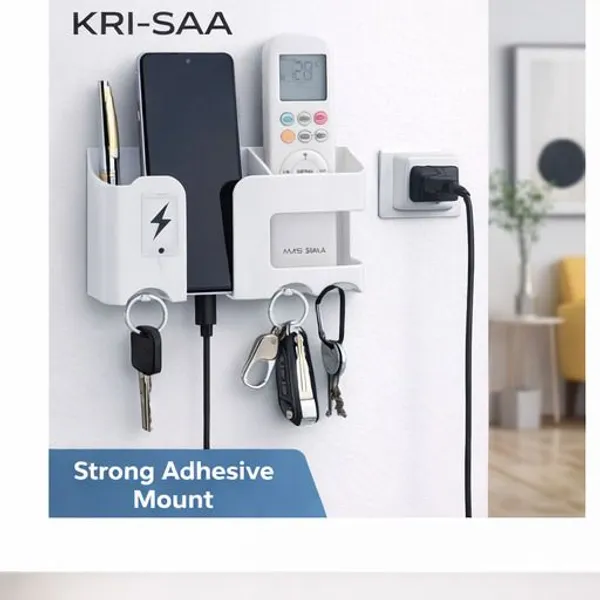 KRISAA_Wall_Mounted_Mobile_Holder_I_Multi-Purpose_Mobile_Stand_|_Remote_Holder_Plastic_Key_Holder_(3_Hooks,_White)