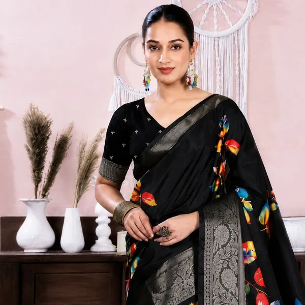 Oxin_Floral_Print_Banarasi_Jacquard_Saree_(Black)