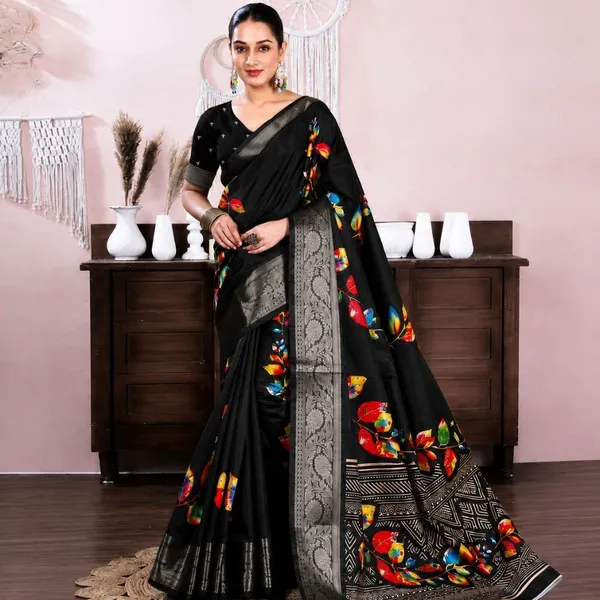 Oxin_Floral_Print_Banarasi_Jacquard_Saree_(Black)
