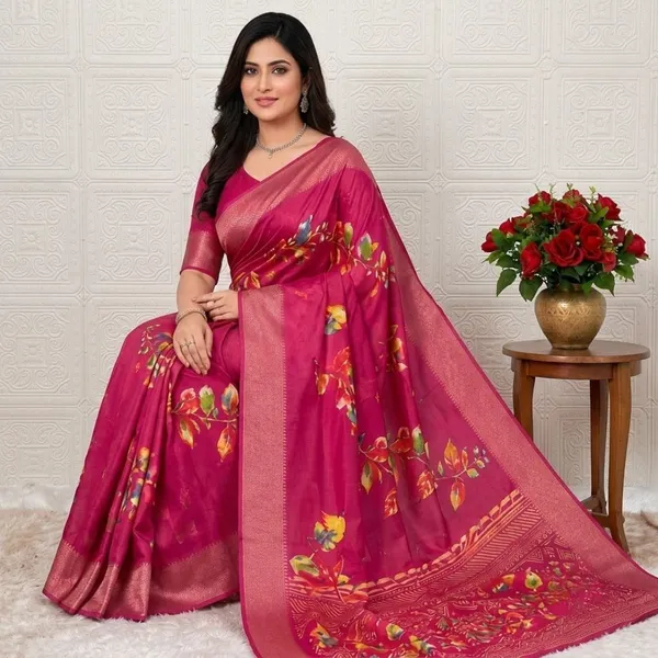 Oxin_Floral_Print_Banarasi_Jacquard_Saree_(Magenta)