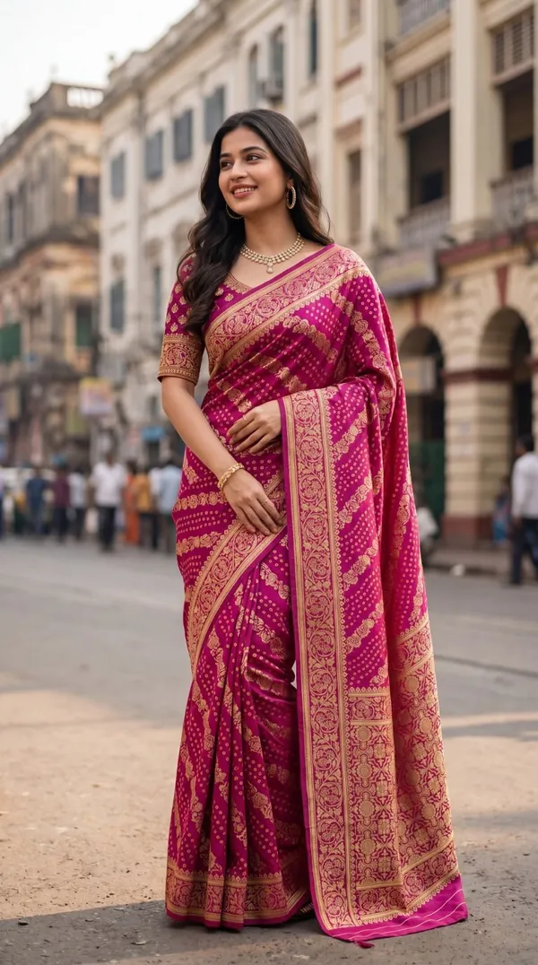 Oxn_Printed,_Woven_Banarasi_Jacquard,_Cotton_Jute_Saree_(Pink)