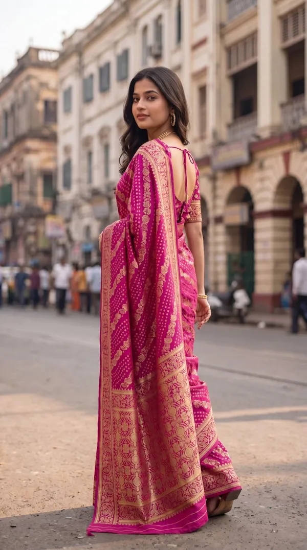 Oxn_Printed,_Woven_Banarasi_Jacquard,_Cotton_Jute_Saree_(Pink)